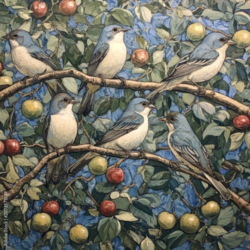 Two small birds perched on apple tree branches with fruit