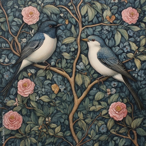 Two white and gray birds perched on blooming rose bush branches