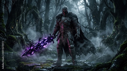 Dark Fantasy Knight with Glowing Purple Sword in Misty Forest Ruins
