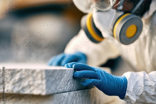 A person in a white protective suit and blue gloves inspecting a gray stone block