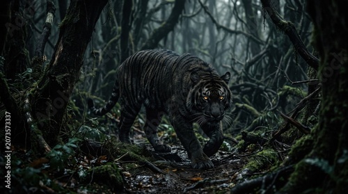 Melanistic Black Tiger Prowling Misty Dark Forest