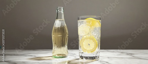Refreshing lemonade in glass and bottle on marble surface