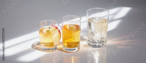 Three glasses with different beverages on white surface overhead lighting