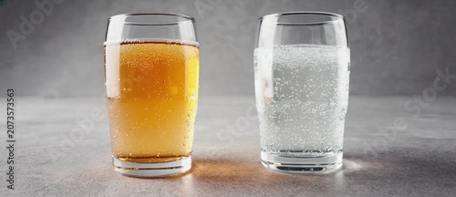 Two transparent glasses with beverages on light surface in studio lighting