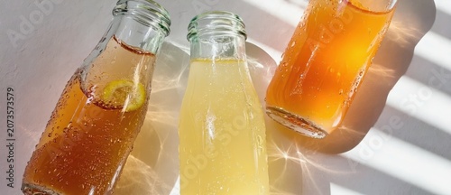 Three bottles of refreshing beverages with shadows and natural lighting
