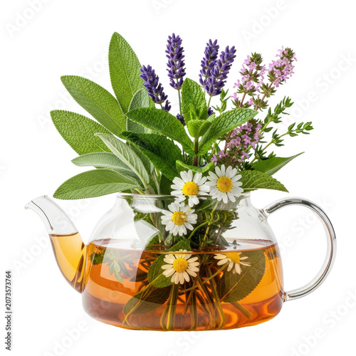 Clear glass teapot with warm amber herbal infusion, fresh sage, mint, lavender, thyme, chamomile, isolated on transparent, evoking natural wellness