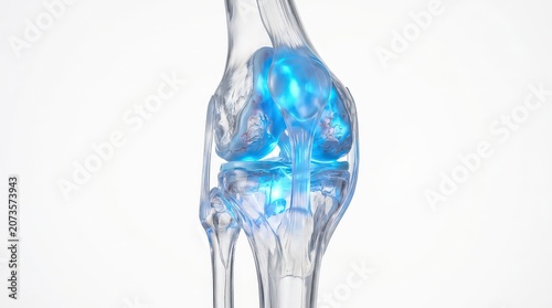Detailed 3D Rendering of a Human Knee Joint with Glowing Blue Synovial Fluid and Cartilage, Isolated on White