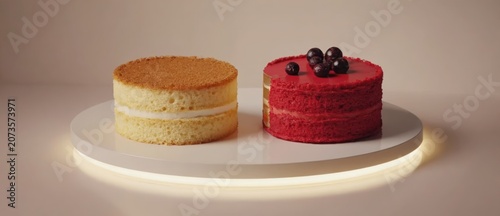 Two small cakes on illuminated plate dessert food photography isolated