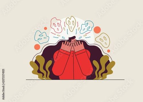 Flat vector illustration of woman overwhelmed by anxiety and mental stress