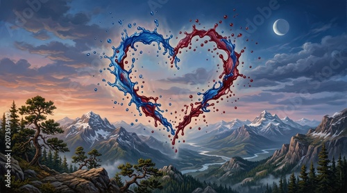 Heart Shaped Liquid Splash Over Majestic Snow Capped Mountains At Sunset With Crescent Moon