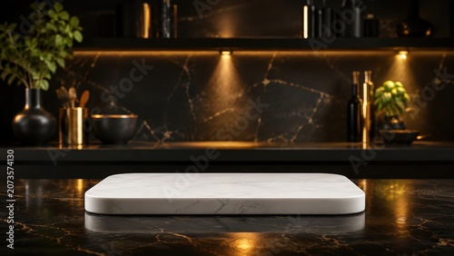 Dark luxury kitchen counter with black marble backsplash. Concept for premium food mockups, restaurant branding, recipe content and culinary advertising.
