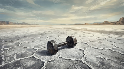 Lone Dumbbell Rests on Cracked Earth Under Vast, Cloudy Sky in a Dry, Arid Landscape