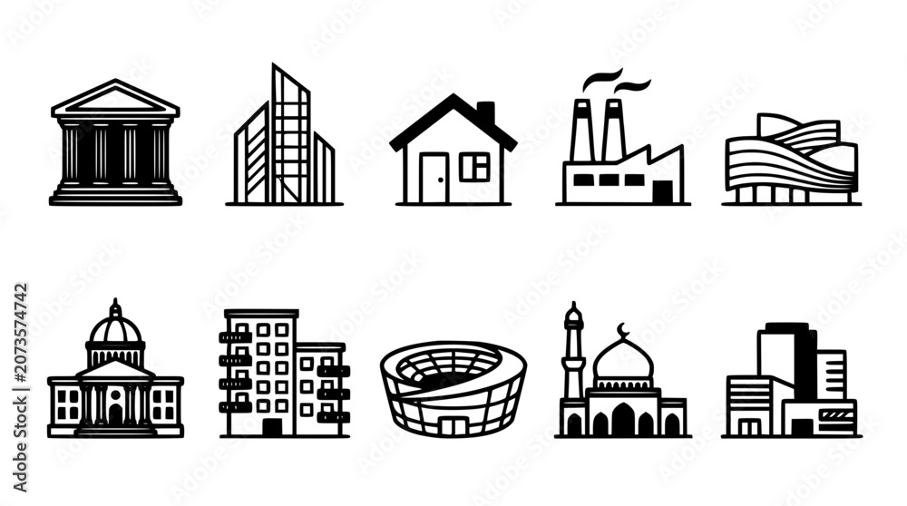 Fototapeta premium Building Icon Set Includes Landmarks, City Skyline, Monuments, Temples, Office Towers, and Residential Houses in Line Style