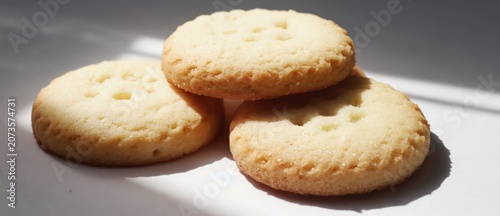 Close up of three round cookies with sunlight on a white surface