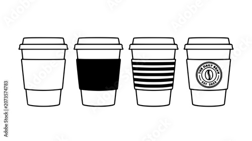 Bild auf Leinwand Coffee Cups Icon Set with White and Dark Coffee Liquid, Simple Line Art Style on