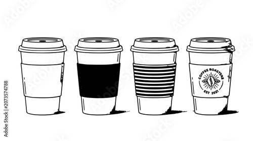 Coffee Cups with Different Designs and Branding on a White Background Featuring Cup, Drink, Beverage with Hot and Cold Elements