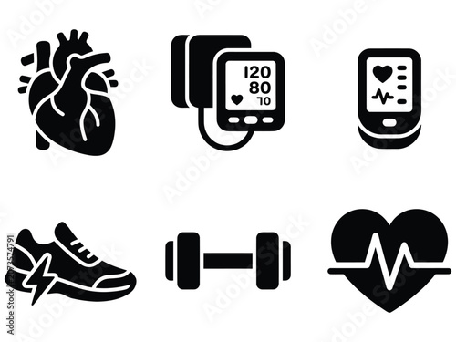 Health and fitness medical equipment glyph icons collection