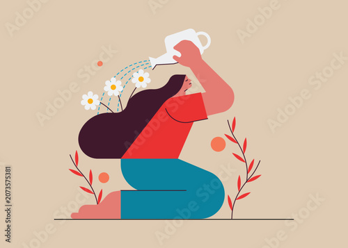 Mental Health Concept Illustration of Woman Watering Herself for Personal Growth