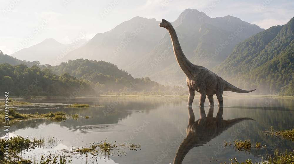 Naklejka premium A large long neck dinosaur standing in a calm lake with mountain reflections in a misty prehistoric landscape during a bright sunrise or sunset