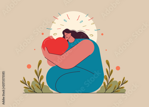 Self Love Concept Illustration of Woman Hugging Heart for Mental Health and Emotional Wellness