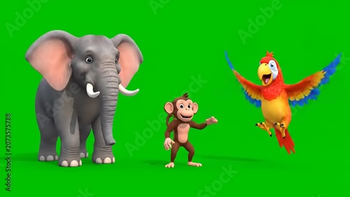A lively trio of animated jungle animals - an elephant, a monkey, and a parrot - dance and play against a vibrant green background