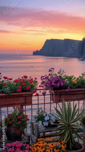 Beautiful balcony terrace with colorful potted flowers overlooking the sea and coastal cliffs at sunset