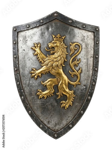 Golden lion emblem on a weathered metal shield with rivets on white background