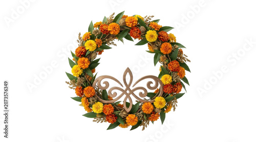 Vibrant orange and yellow floral wreath with green leaves on a white background