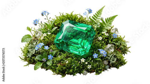 A large vibrant green emerald nestled in lush foliage with small blue flowers.