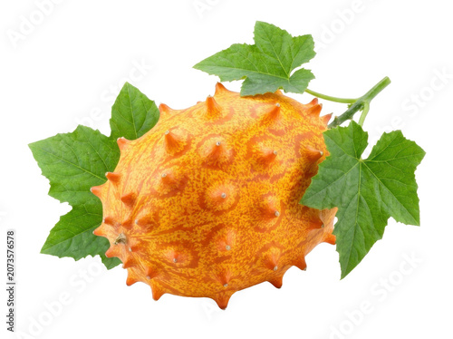 Vibrant orange horned melon with green leaves on white background