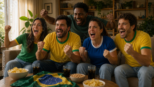 Grupo de amigos brasileiros torcendo durante jogo de futebol em casa