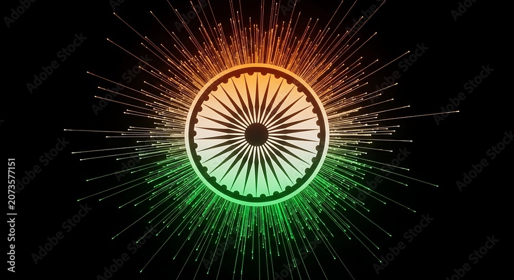 Fototapeta premium India Independence Day background with Ashoka Chakra bursting with tricolor saffron and green light rays on black background