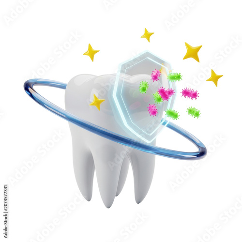 White 3d incisor tooth with a glowing energy shield repelling neon cartoon microbes against a minimalist white studio background dental health concept