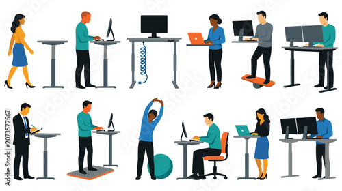 Obraz na płótnie Ergonomic office workstation set with standing desks and active workers flat vector art