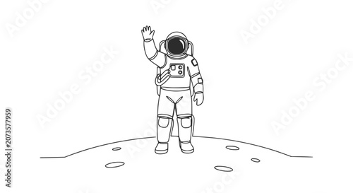 Photos Astronaut waving on moon surface, simple line art, outer space exploration