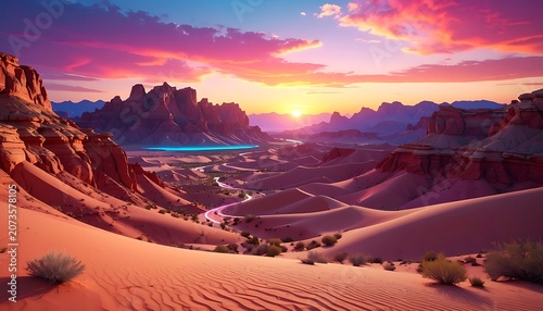 Desert landscape with sand dunes at sunset.
