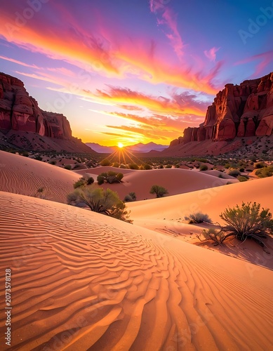 Desert landscape with sand dunes at sunset.