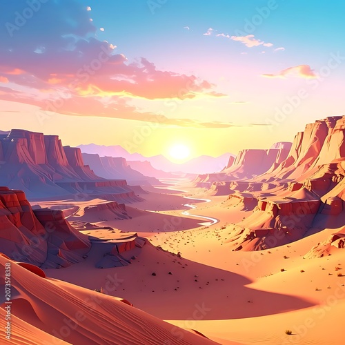 Desert landscape with sand dunes at sunset.
