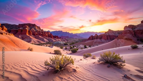 Desert landscape with sand dunes at sunset.
