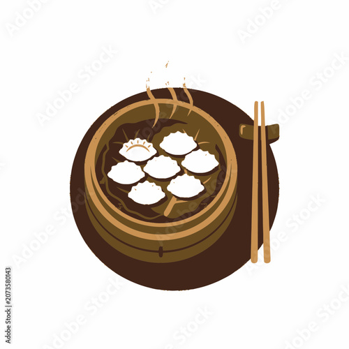 Steaming Dumplings in Bamboo Steamer with Chopsticks - Asian Food Illustration