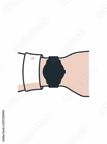 Close-up of a person's wrist wearing a black modern watch and white shirt cuff