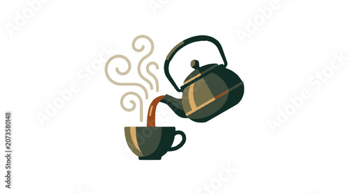 Cozy Tartan Kettle Pouring Hot Tea into a Cup with Steam