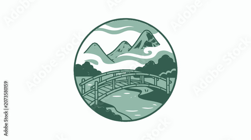 Serene Japanese Garden Scene: Bridge, River, and Mountains in Circle