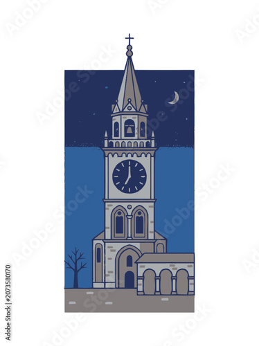 Gothic Clock Tower at Night with Crescent Moon and Stars