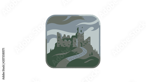 Ancient castle ruins on a hill, stylized illustration, dramatic sky, historical landmark, fantasy concept
