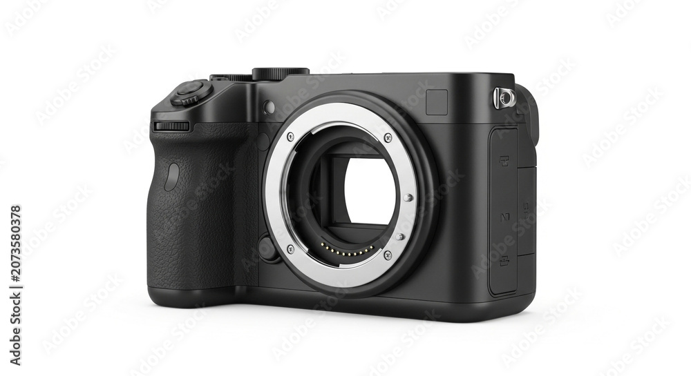 Fototapeta premium Black digital camera with lens mount on white background