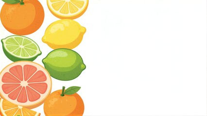 Colorful citrus fruits like oranges, lemons, limes and grapefruit arranged neatly on white background.
