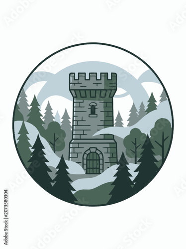 Medieval Tower in Snowy Forest Landscape, Circular Emblem Design