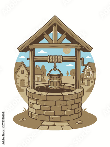 Rustic Village Well with Bucket and Cranking Mechanism, Sunny Day