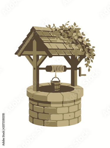 Vintage Wishing Well with Bucket and Crank, Rustic Stone Structure with Leafy Canopy